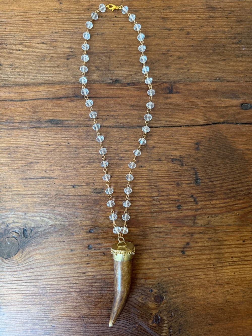 Handmade Brown Horn Pendant Beaded Crystal Necklace